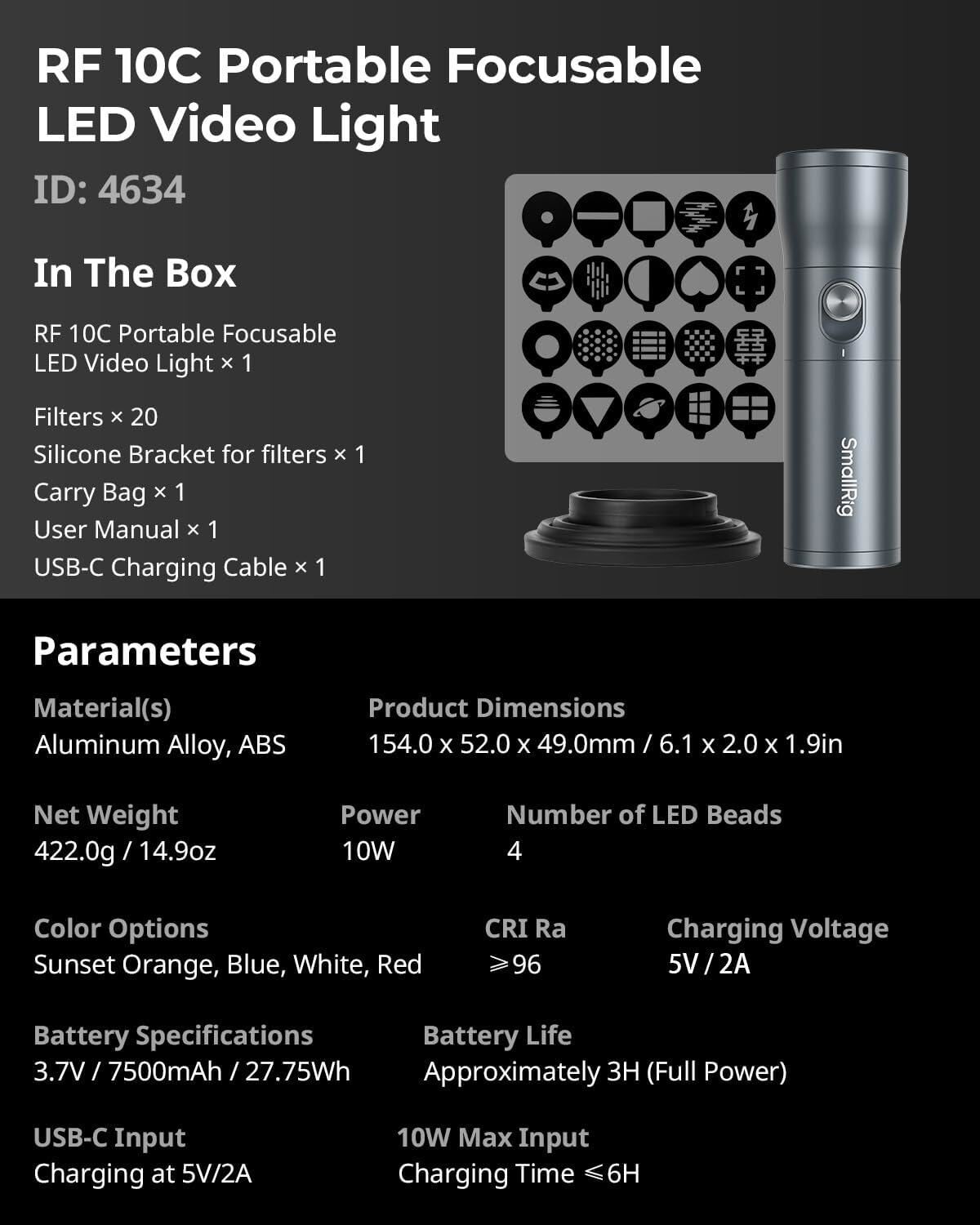 SmallRig RF 10C Portable Hand Focusable LED Video Light with 20 Pcs Filters