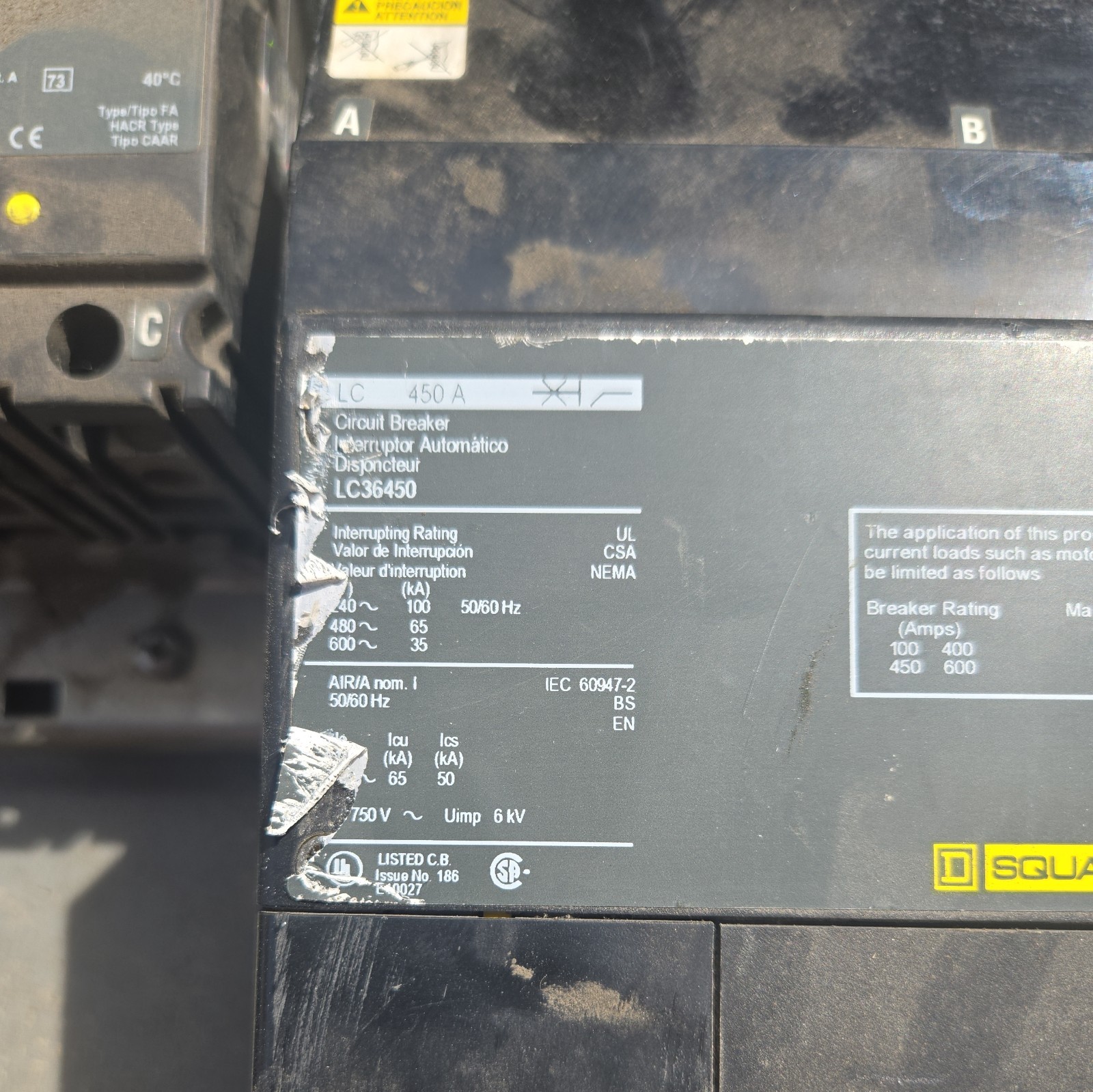 SQUARE D LC36450 450 A 3 P Circuit Breaker