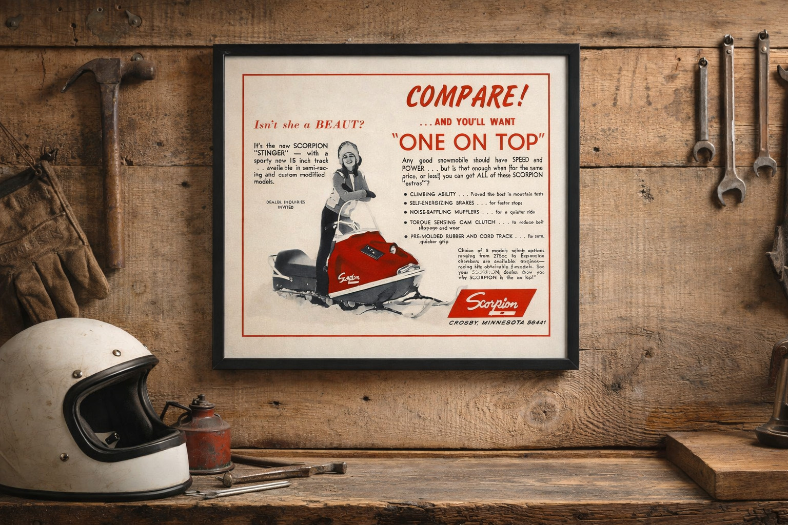 1970 Scorpion Stinger Snowmobile Advertisement Print – Vintage Sno-Mobile Times