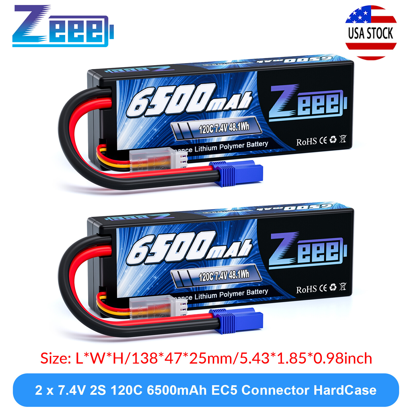 2x Zeee 2S LiPo Battery 6500mAh 7.4V 120C EC5 Hardcase for RC Car Truck Truggy