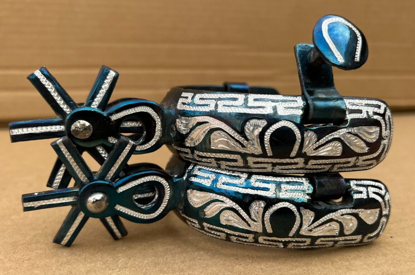 MEXICAN CHARRO BLUE SPURS. ESPUELAS CHARRAS AZULES, SADDLE HORSE CHARRO SPURS