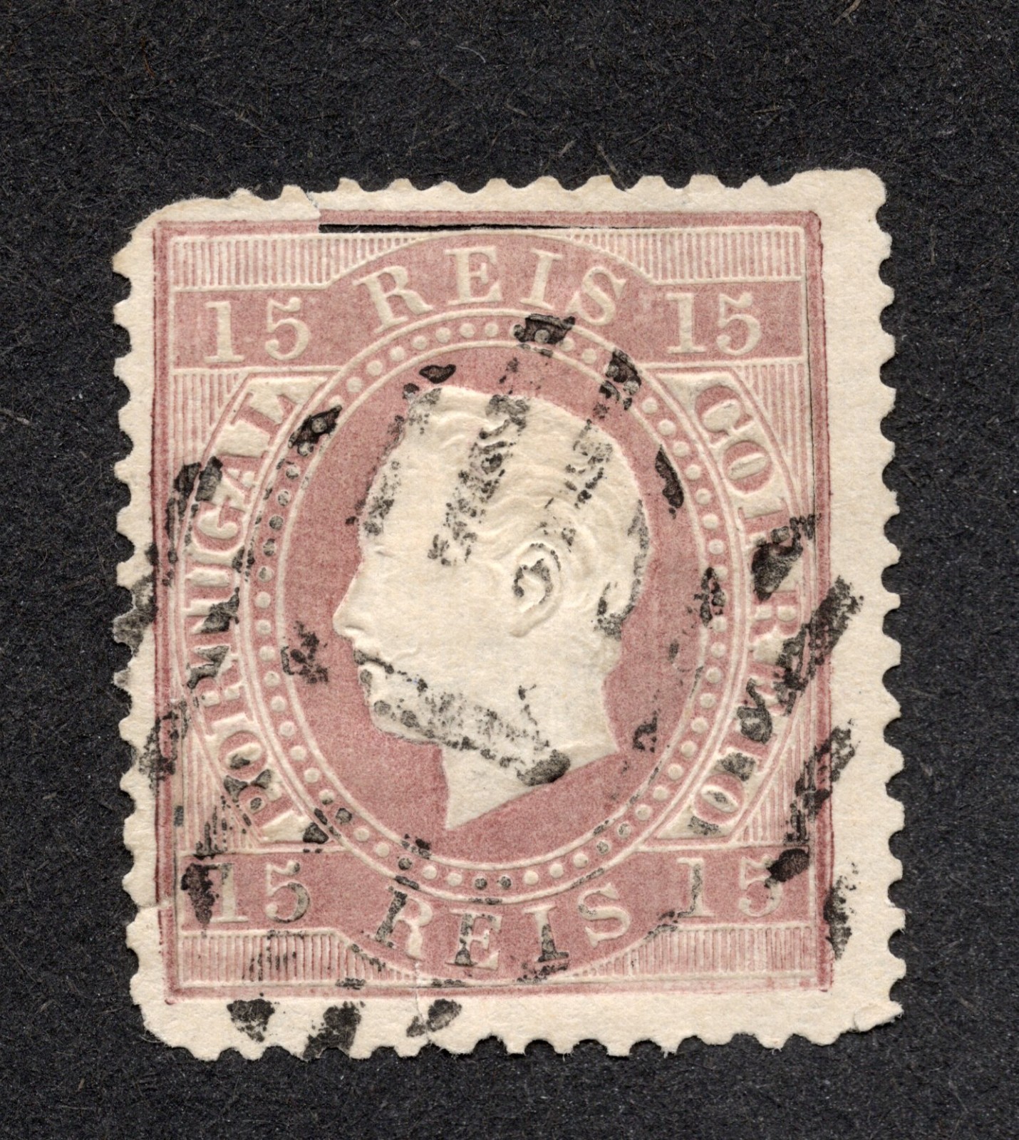 Portugal 1870-84 King Luiz 15 Reis Lilac Brn Used VLH Scott Cat# 38a