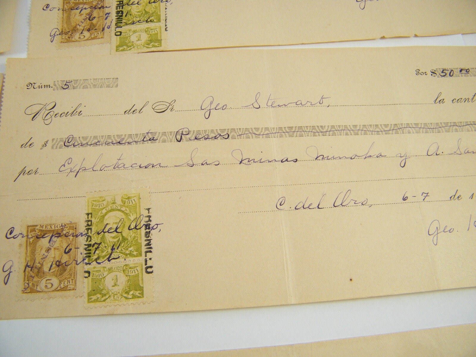 1911 EXPLOTACION MINOKA MINES PAYMENT RECEIPTS WRITTEN IN SPANISH 50 PESOS
