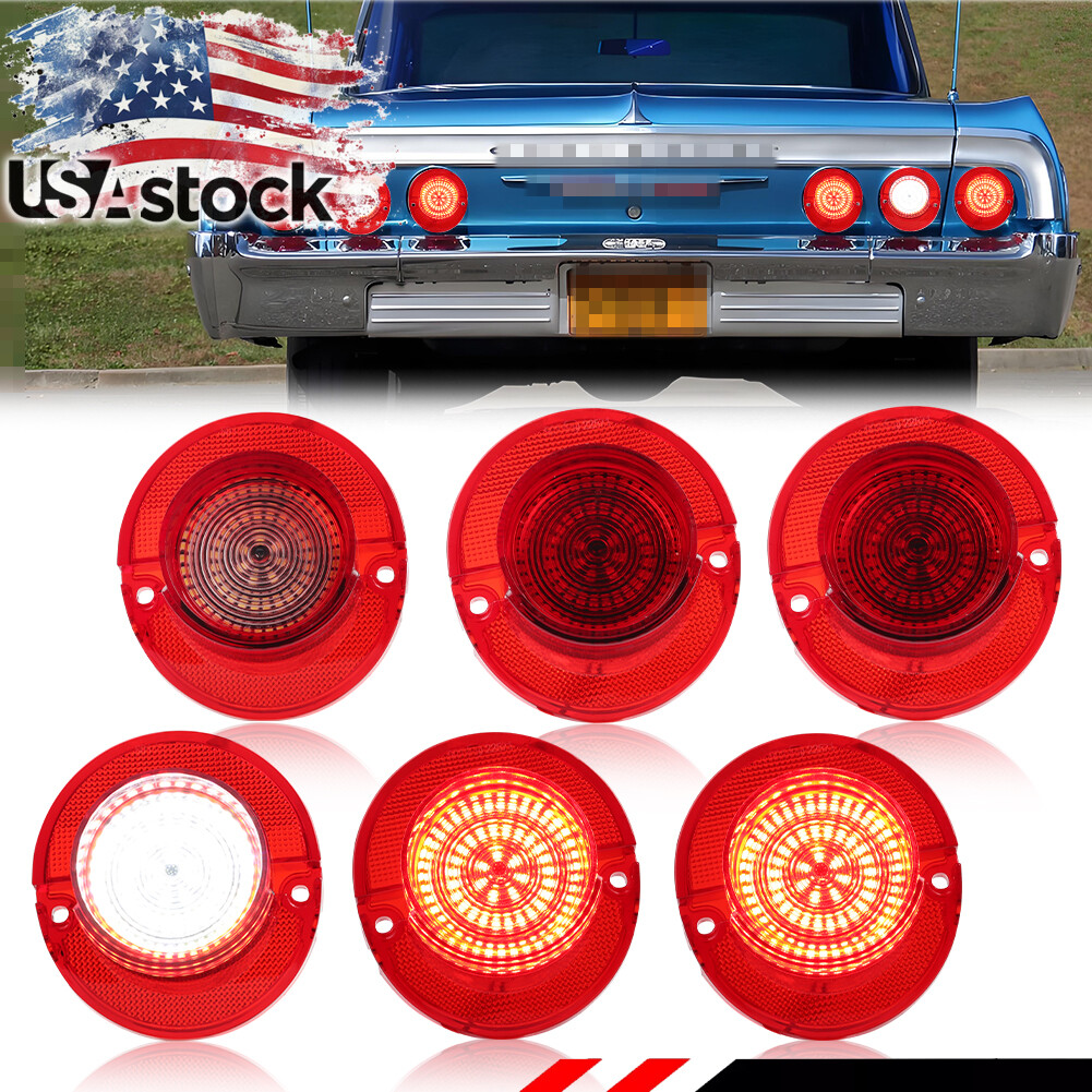 6X Red LED Rear Tail Light Lenses & White LED Backup Lamps For 1964 Chevy Impala