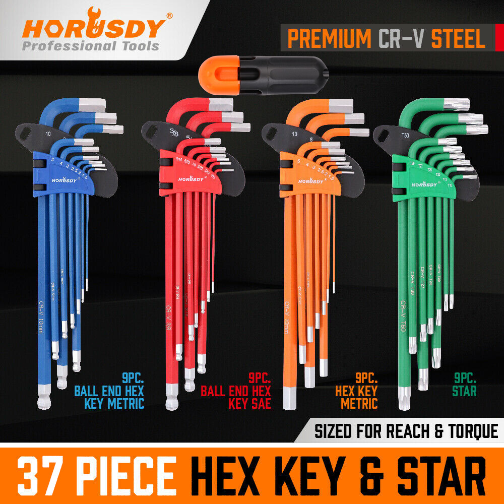 36+1 Piece Hex Key Allen Wrench Set Ball End SAE Metric Star Long Arm Industrial
