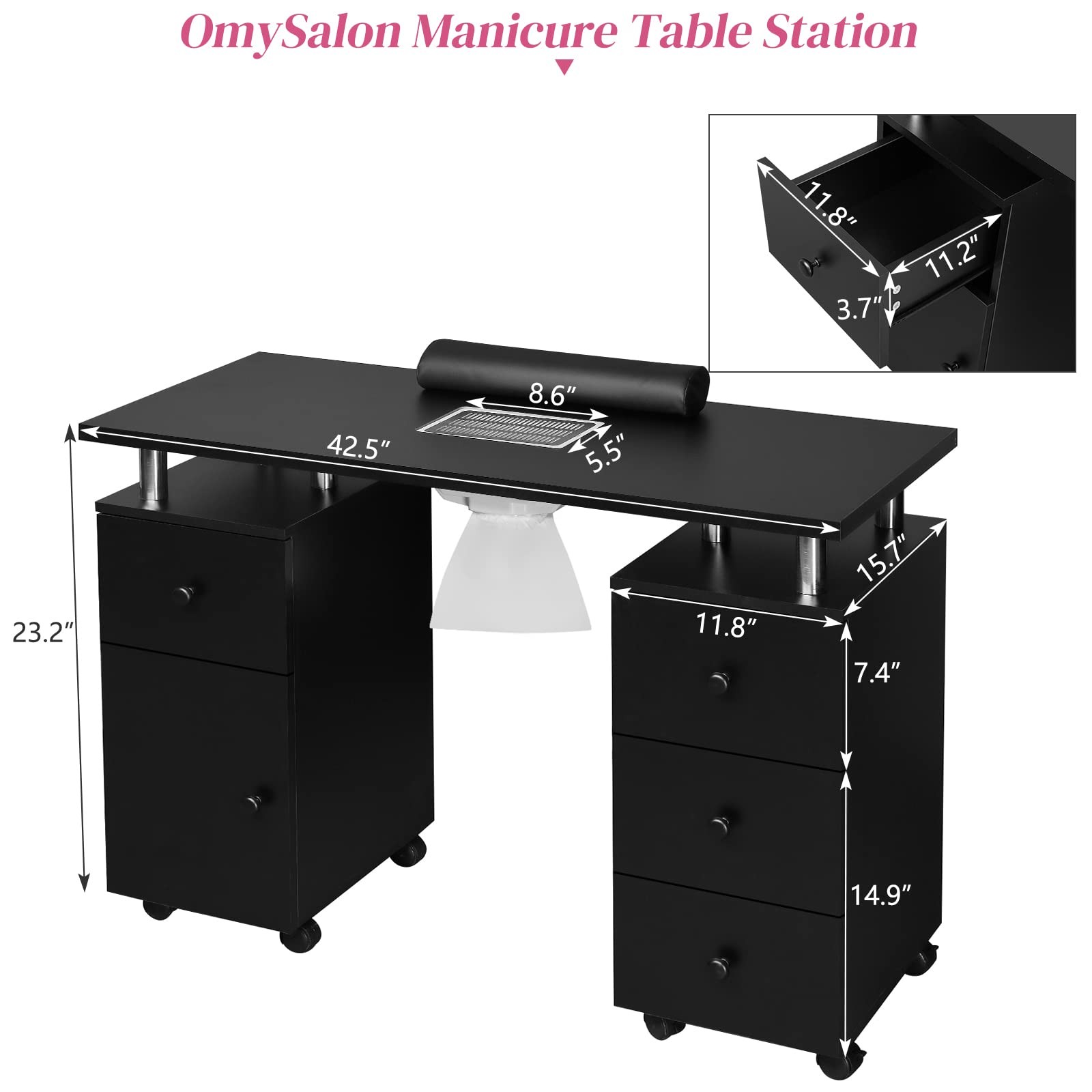Manicure Table Nail Desk for Nail Tech, Nail Table Station w/Electric Dust Co...