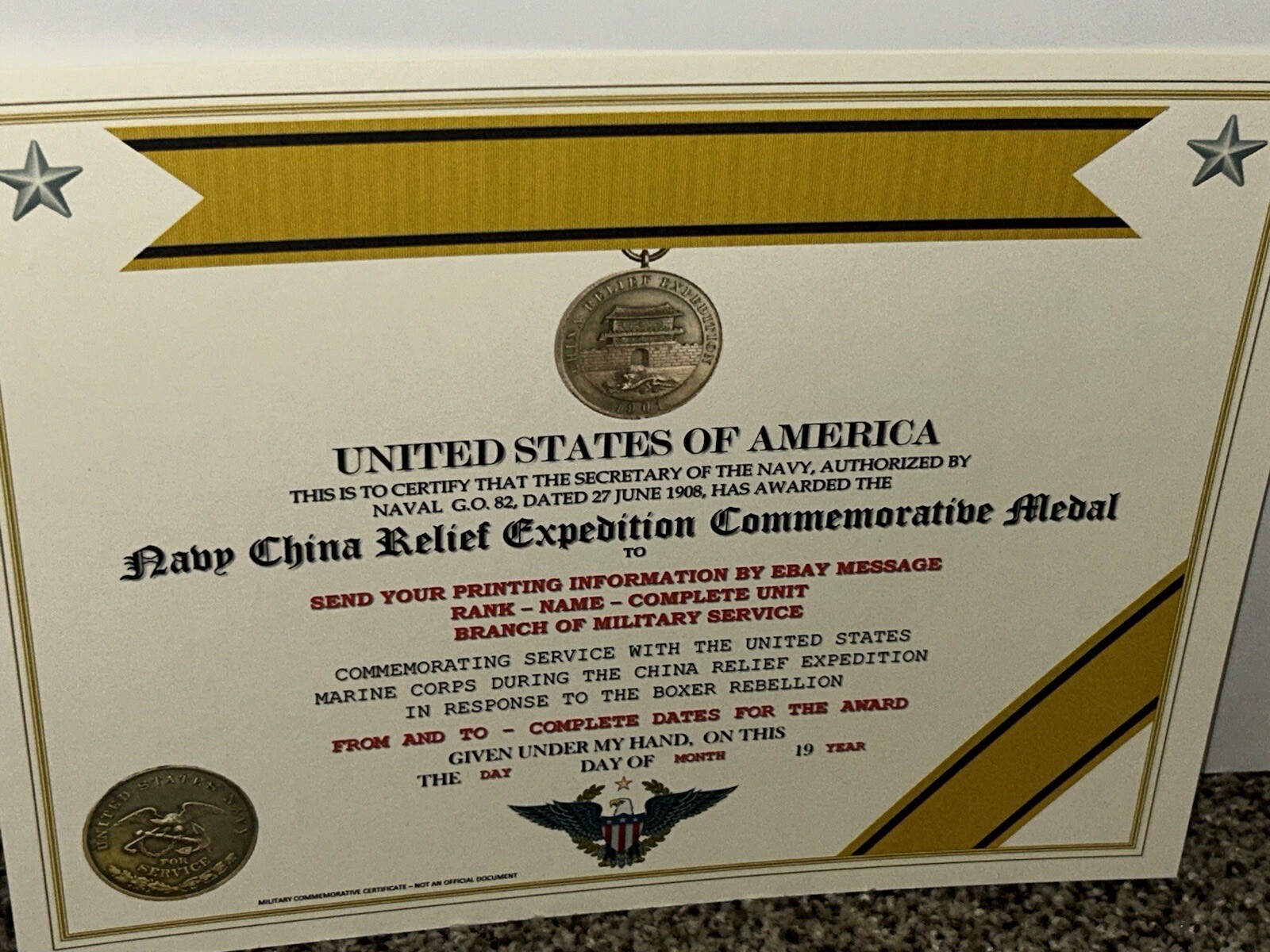 NAVY CHINA RELIEF EXPEDITION COMMEMORATIVE MEDAL CERTIFICATE ~ W/PRINTING TYPE-1