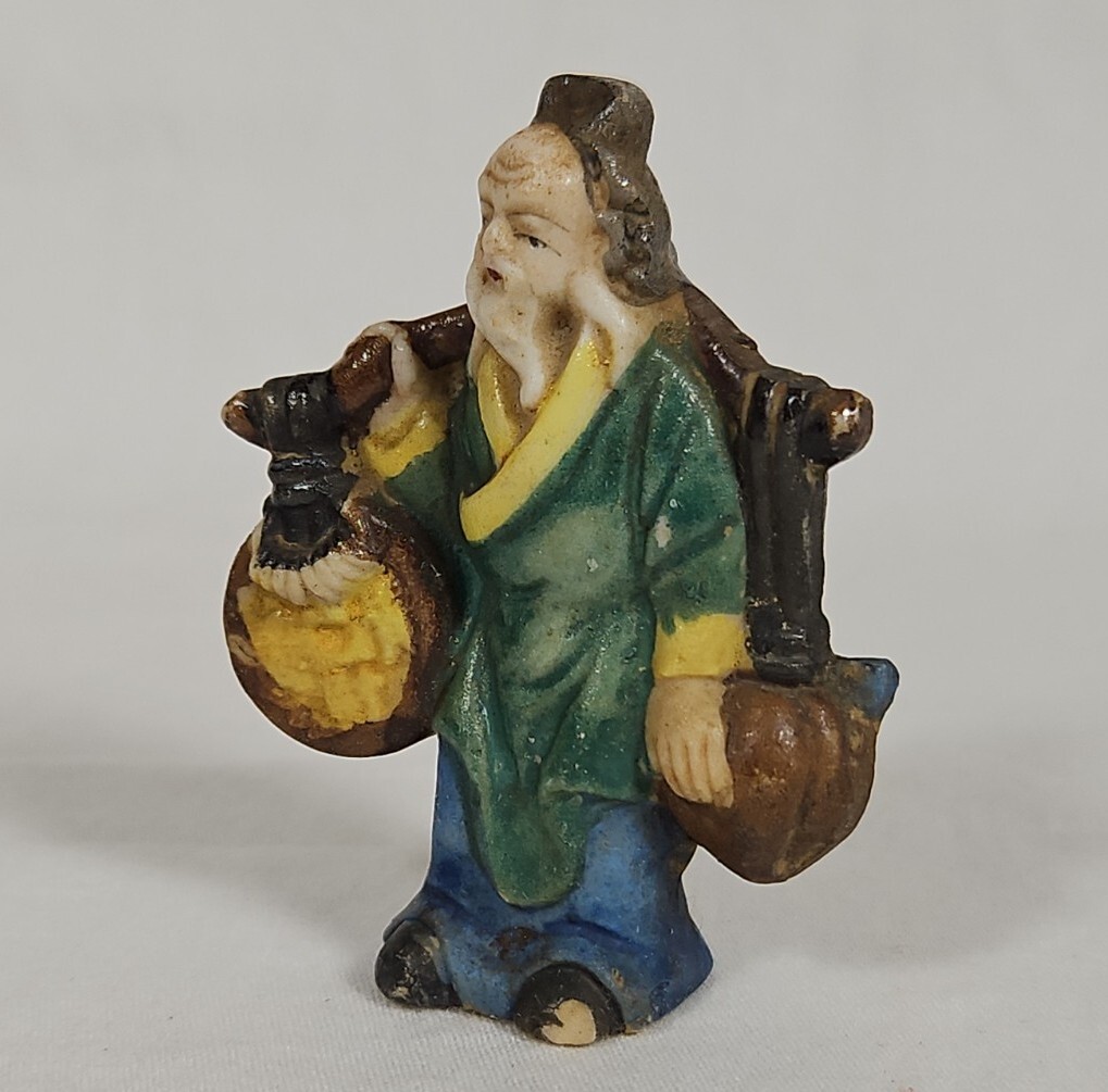 Vintage Japanese Miniature Figurine Yoke Bearing Man Coin Peach Peasant