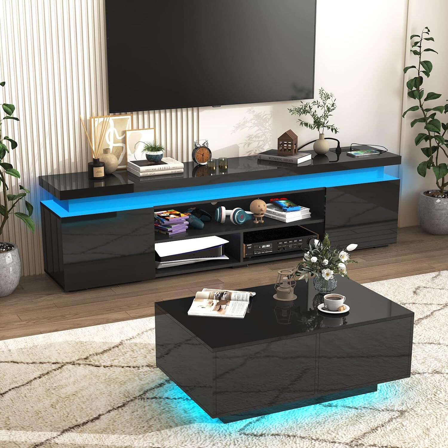 66"/75" Modern High Gloss LED TV Stand, Entertainment Center for 75"/85" TV