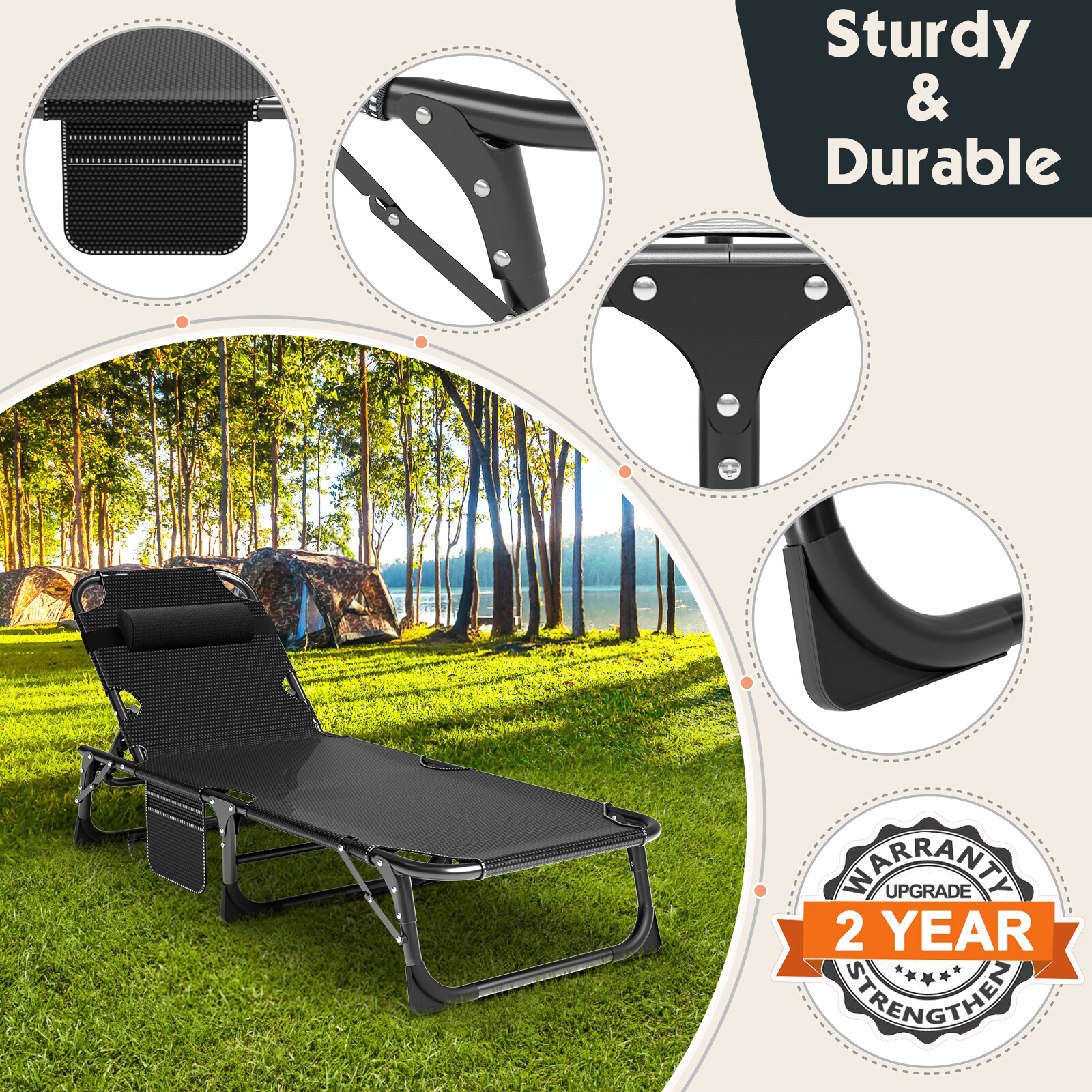 Folding Reclining Cot Outdoor Beach Patio Chaise Lounge Chair Pool With Blue Pad