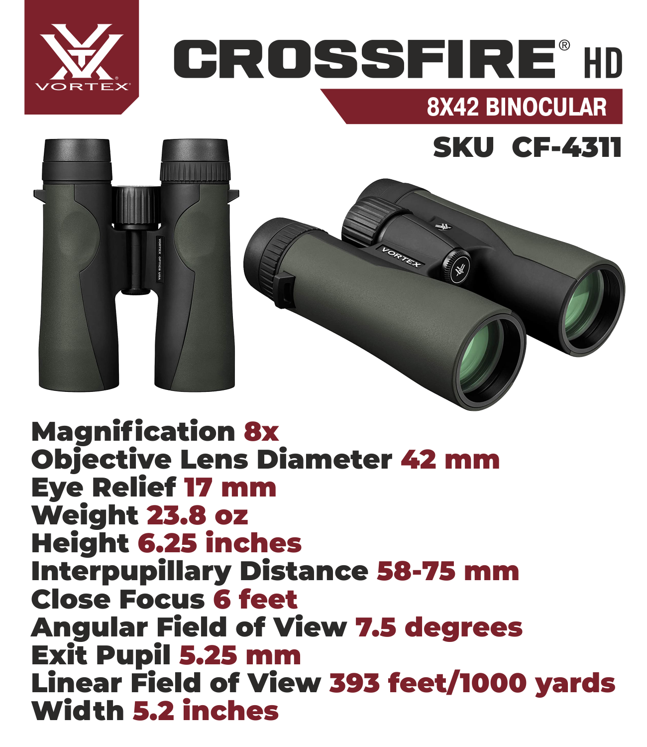 Vortex Optics Crossfire HD 8x42 Green Binocular w/ Free Camo Digital Hat Bundle