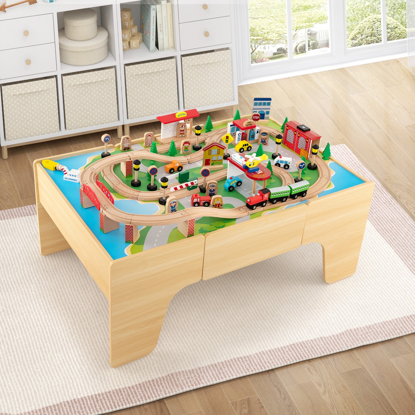 Kids Wooden Train Table Set 84 PCS Playset w/ Reversible Tabletop Storage Drawer
