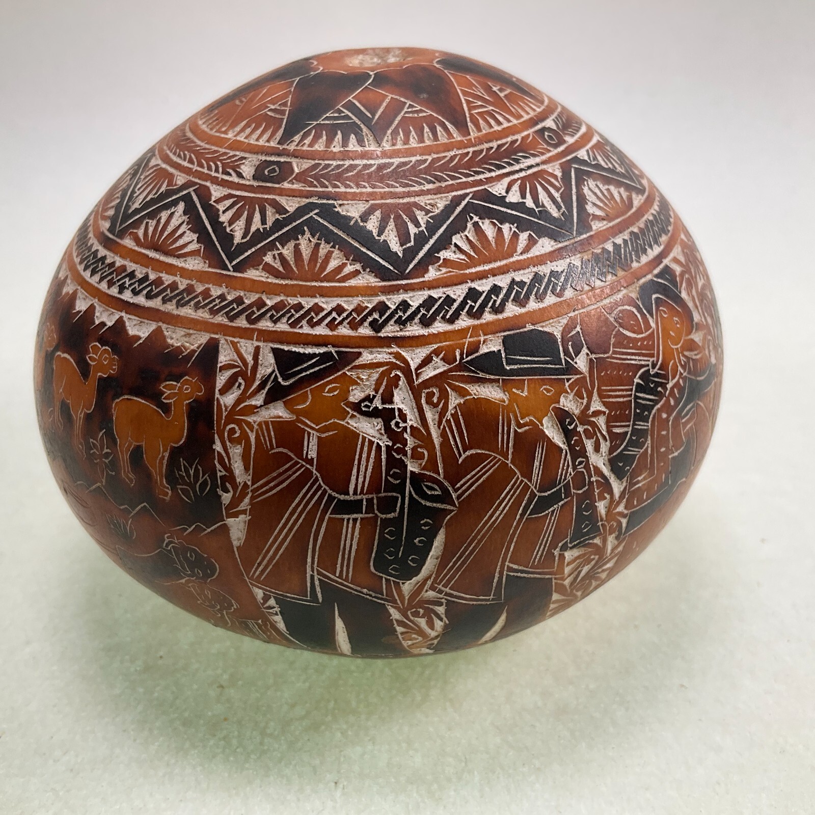 Peruvian Intricate Hand Carved Story Gourd - Musicians - Folk Art