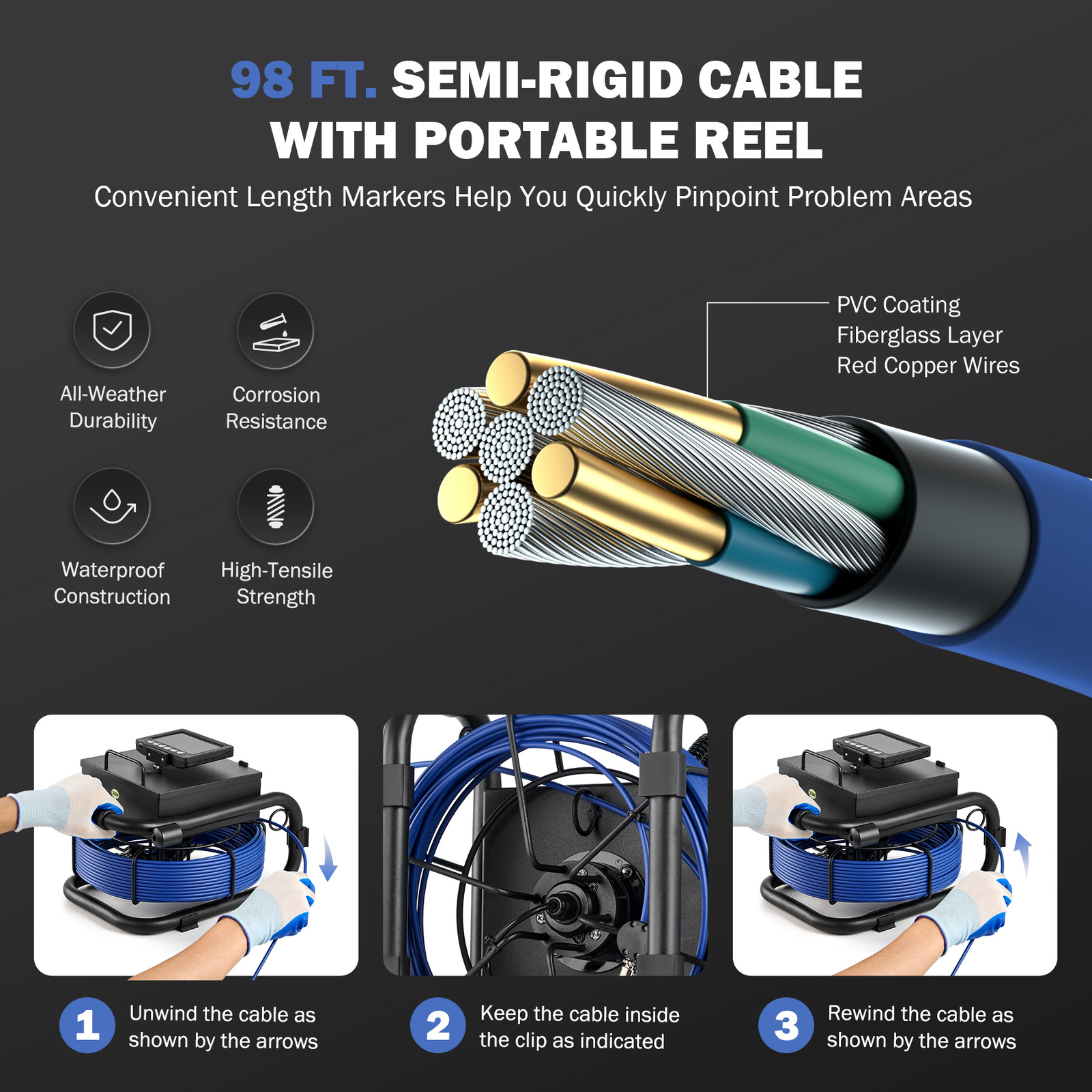 Zelcan Pipe Inspection Camera 98FT/30M Sewer Camera Video Endoscope 4.3" Monitor