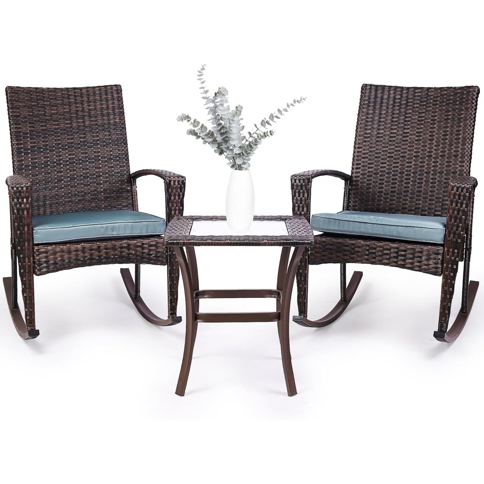 Patio Rattan Rocker With Cushion Outdoor Wicker Rocking Chair & Table Furniture