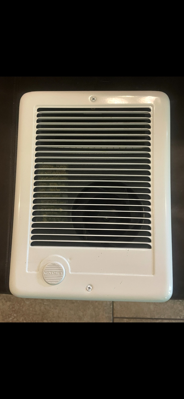 CADET CS102 WALL HEATER FAN-FORCE  240/208 VOLT, 1,000/750 WATT