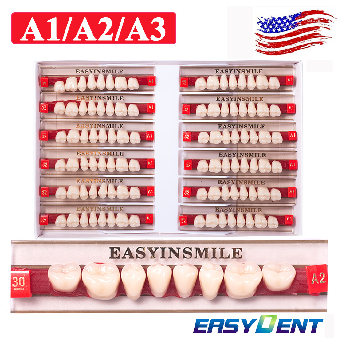 Dental Acrylic Resin False DIY Teeth Denture Upper Lower Full Set Shade A1/A2/A3