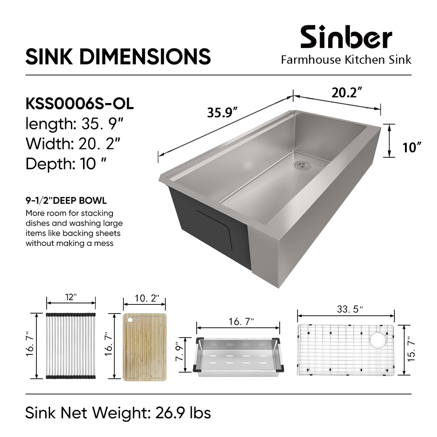 Sinber 36'' Farmhouse Apron Single Bowl Workstation Kitchen Sink KSS0006S-OLE