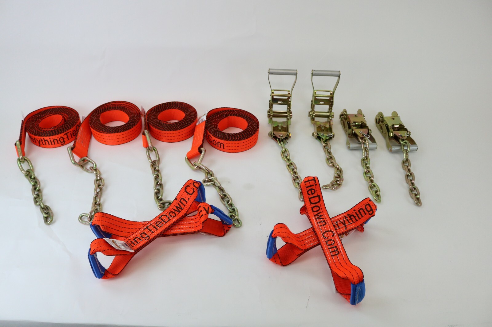 8 pt Kit 18' Orange TECNIC Webbing Rollback / Flatbed Car TieDown w/ Chain Tails