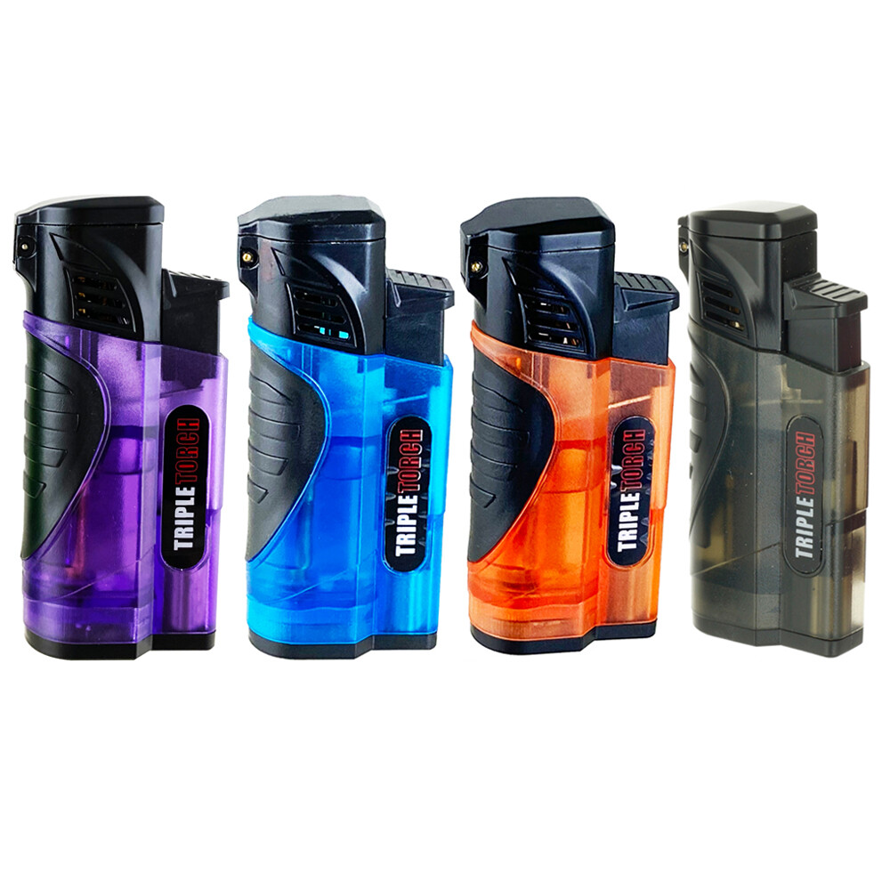 4 PACK Triple  Clear Color Torch Lighter Adjustable Flame W/Cigar Puncher PR
