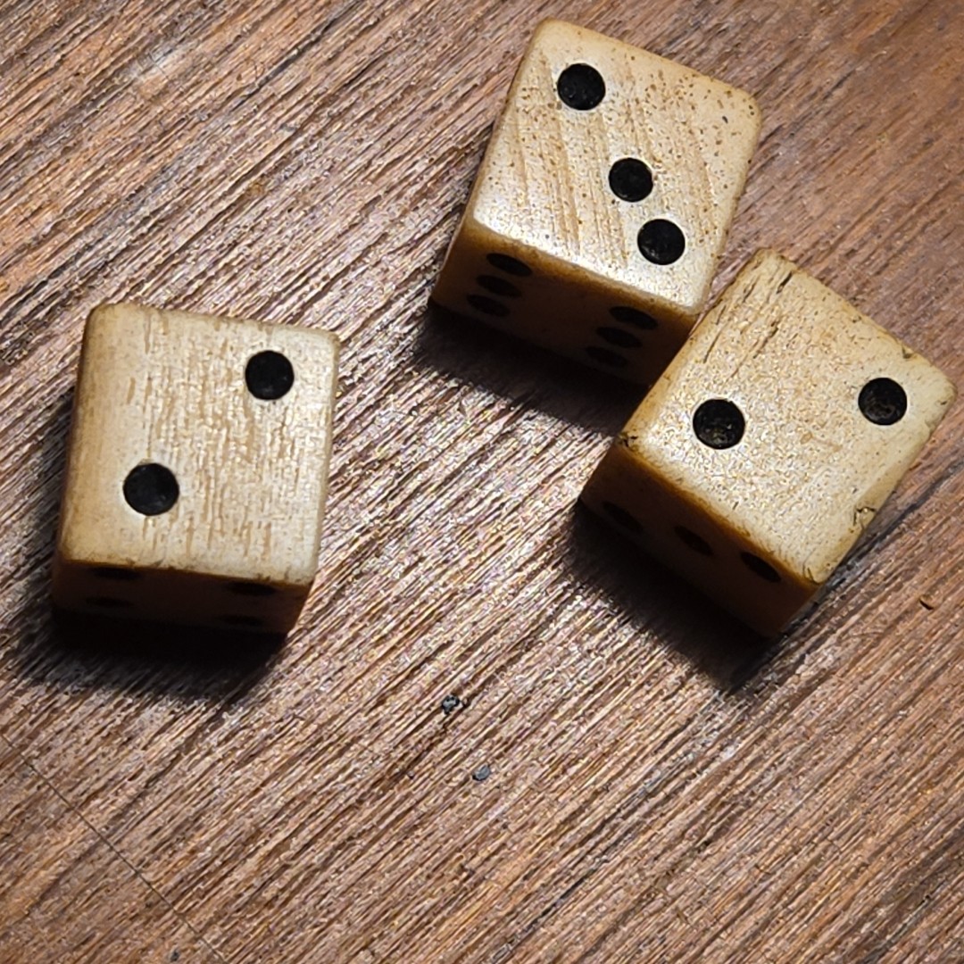 1765 Stamp Act taxed cattle bovine dice with black pips 3 Dice Vintage Hand Cut