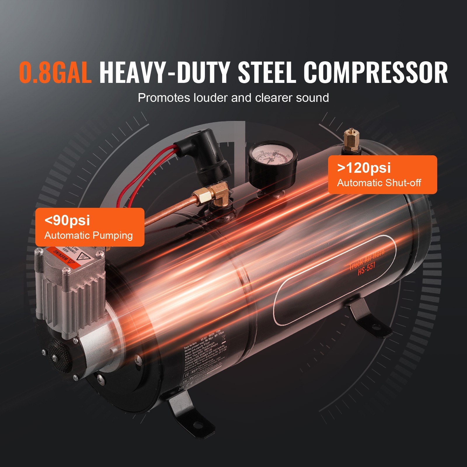 Train Horns Kit 4 Trumpet Air Horn Kit 120psi Air Compressor 0.8 Gal Tank Truck