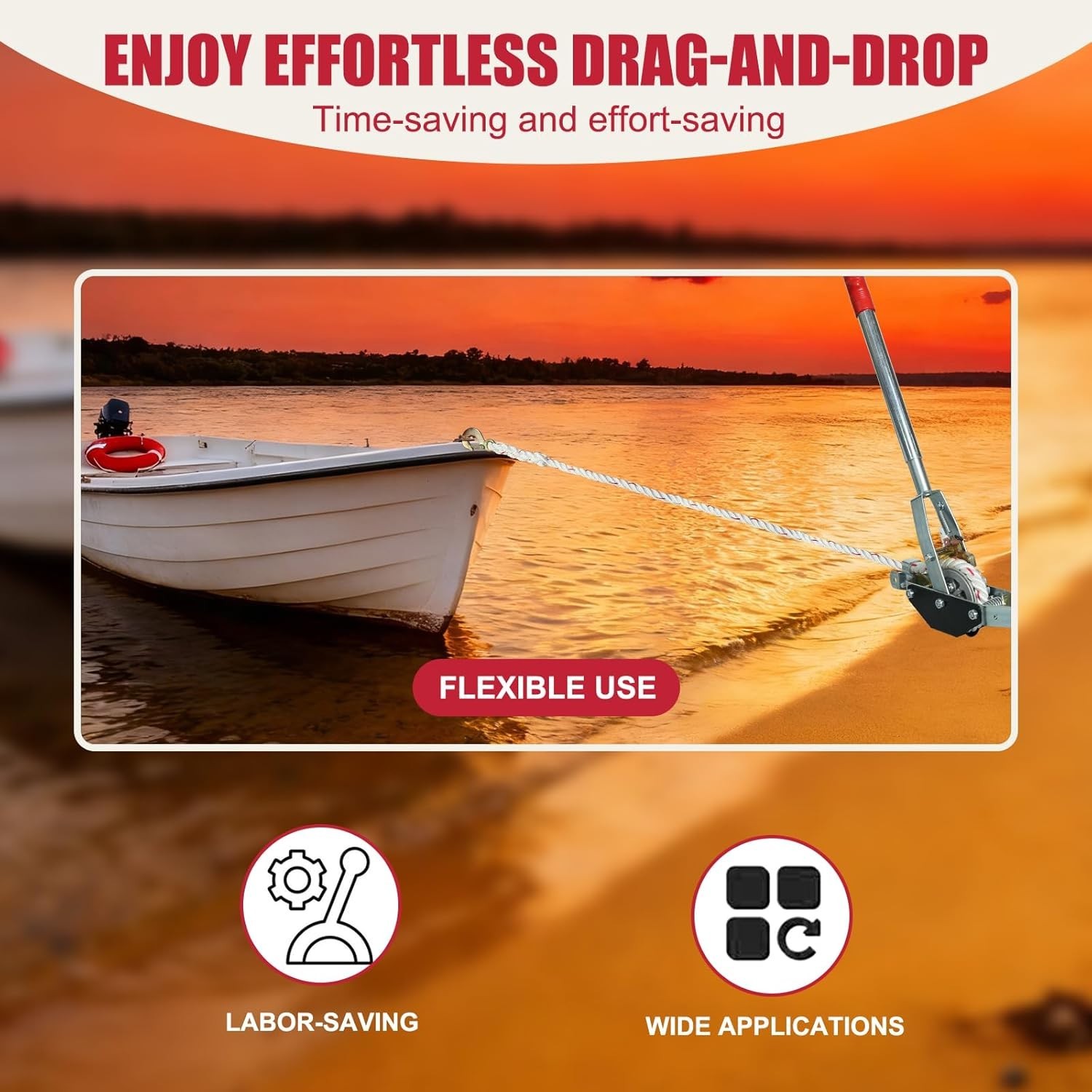 Rope Puller 1-1/2 Ton 3300 lbs Capacity with 20' of 0.6" Diameter Rope 2 Hook Co