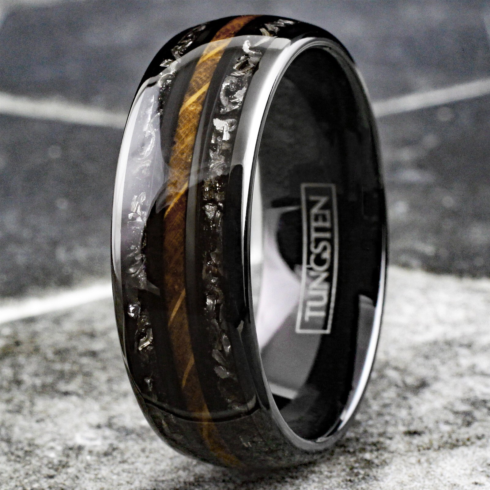 Black Tungsten Carbide Men's Ring Whiskey Barrel Wood & Meteorite Wedding Band