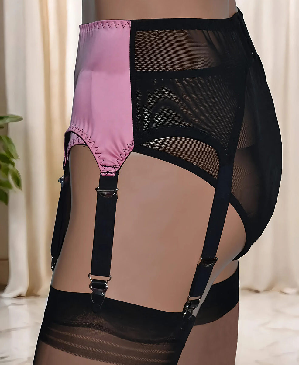 Pink and Black 6 strap suspender belt in satin and power mesh