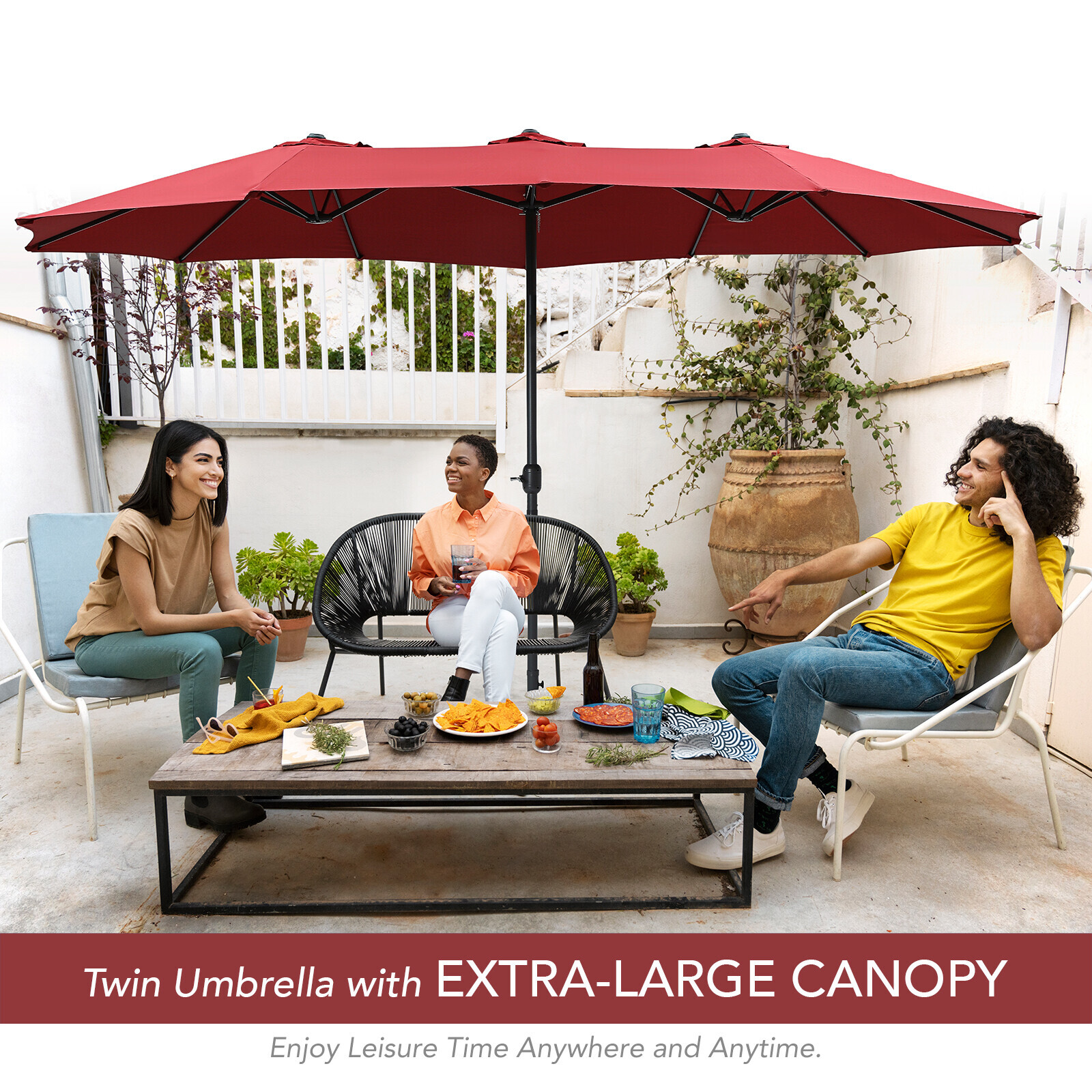15FT Double-Sided Outdoor Sun Shade Backyard Patio Umbrella Red w/ Crank & Base