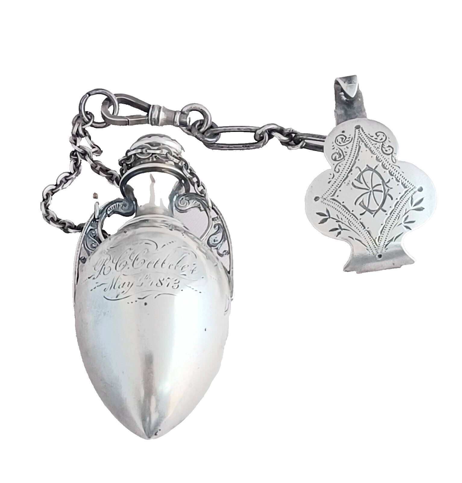 Great 1873 Hanging Sterling Chatelaine w/ Scent Bottle