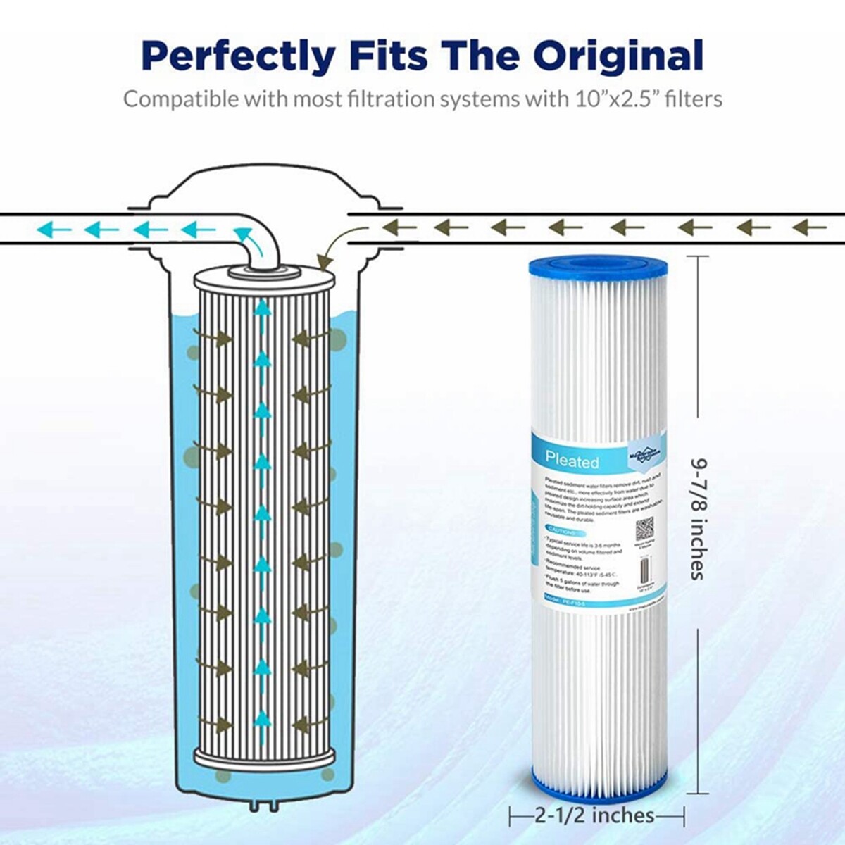 10 Inch Whole House Water Filter Housing Filtration 2.5x10" Pleated Sediment Set