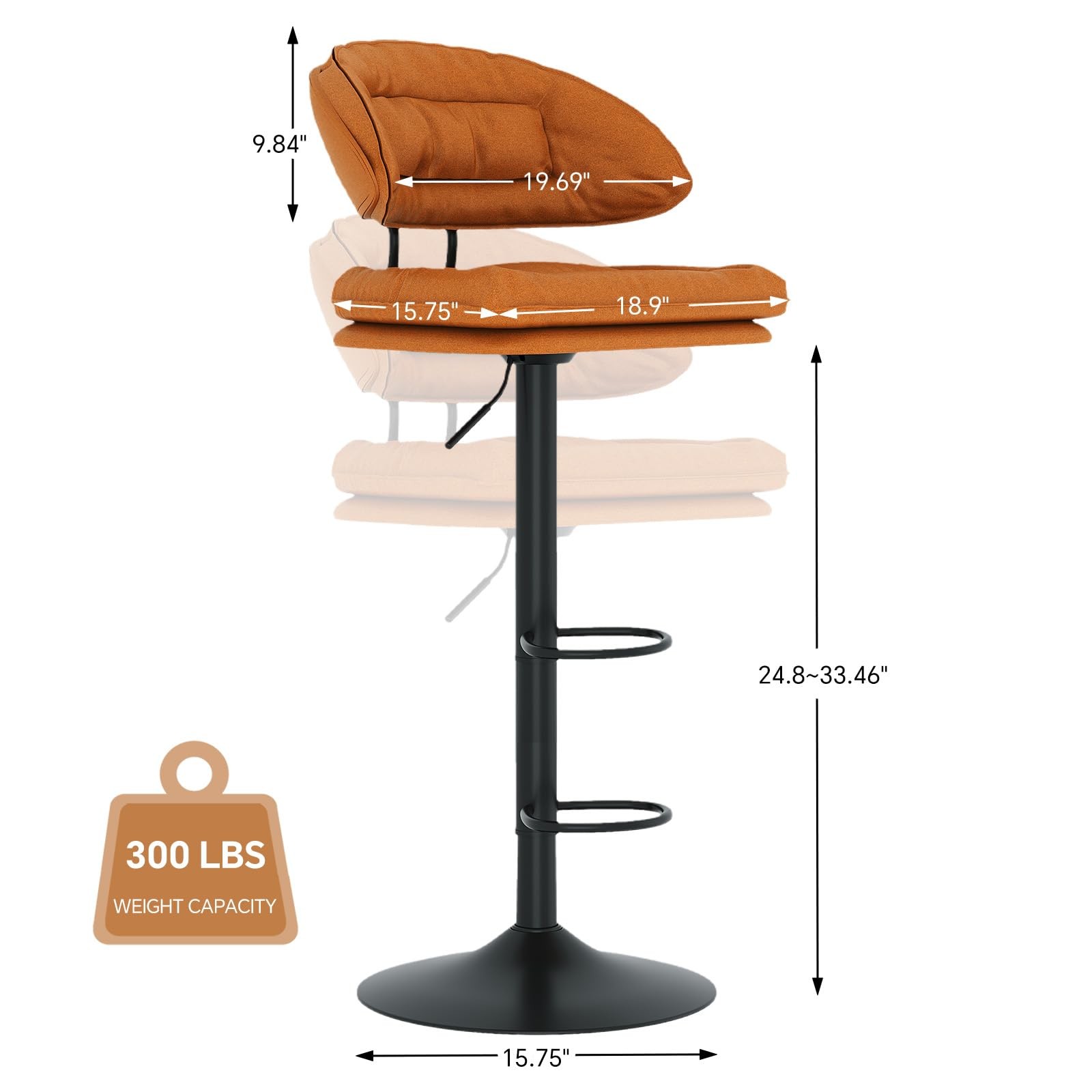 Modern Bar Stools Set of 2 Ergonomic Upholstered Swivel Adjustable Orange