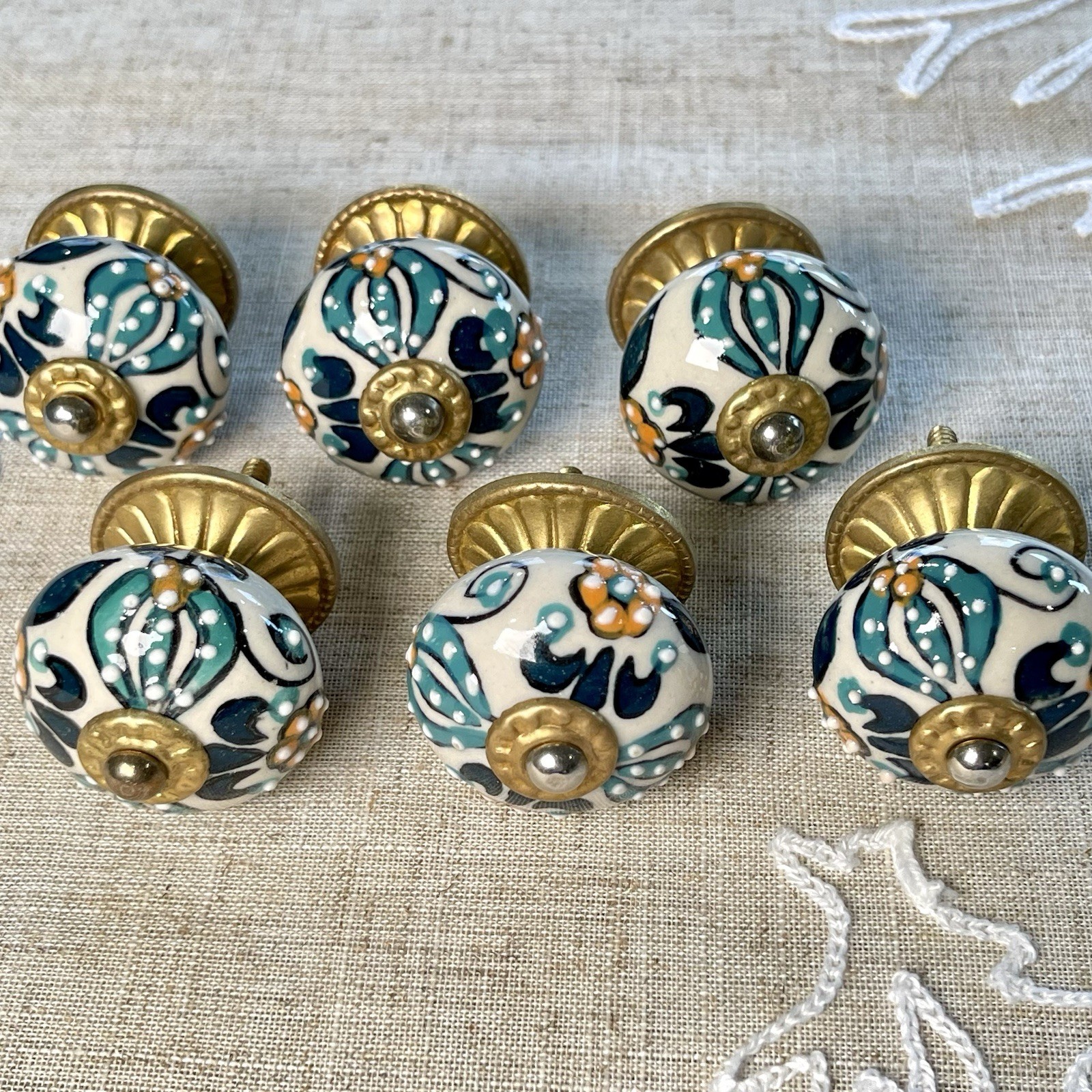 6 Hand Painted Ceramic Boho Floral Drawer Knobs Turquoise Blue Gold White Orange
