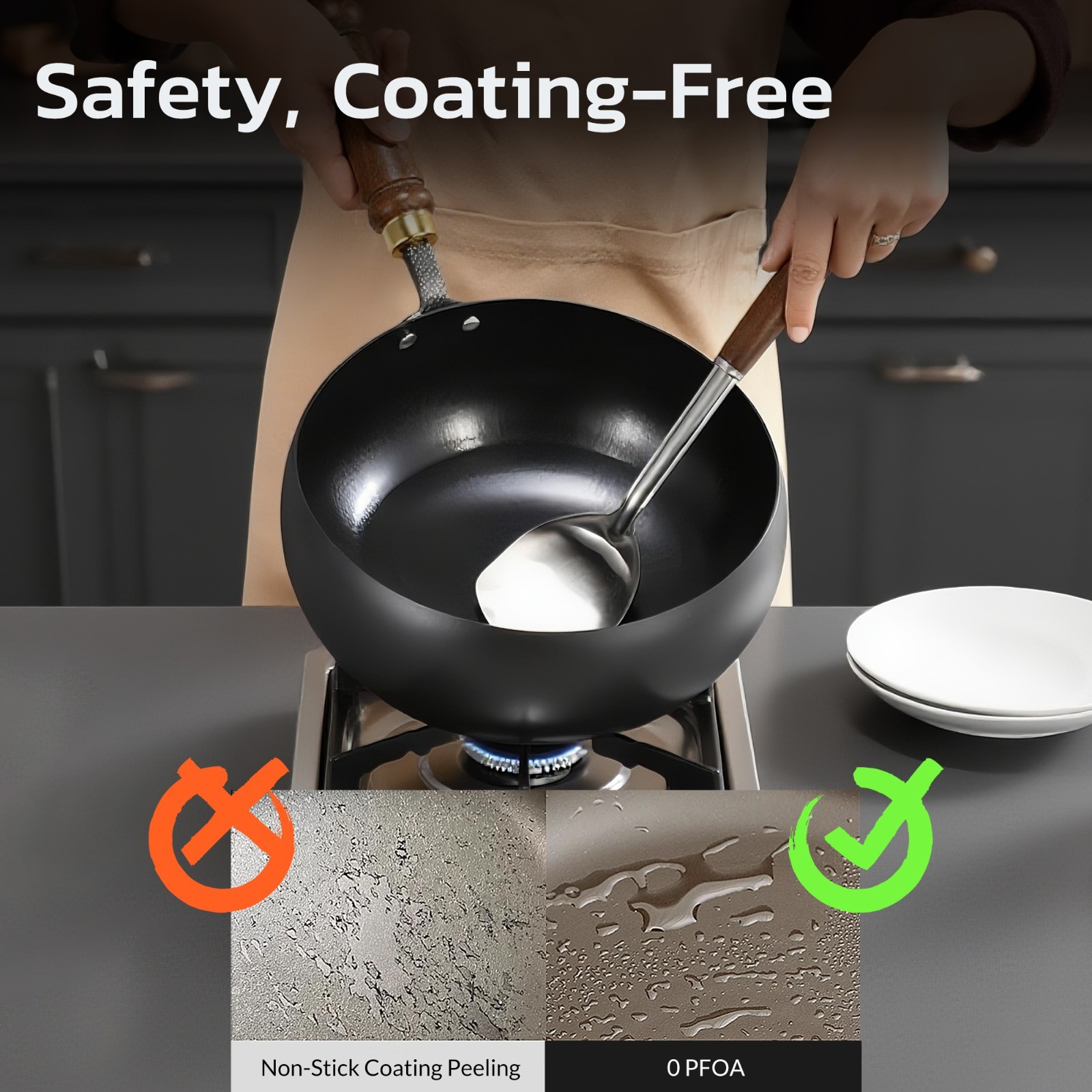 Uncoated Iron Pan Hand Forged Iron Pan with Lid Stir Fry Wok Skillet - 9.44IN