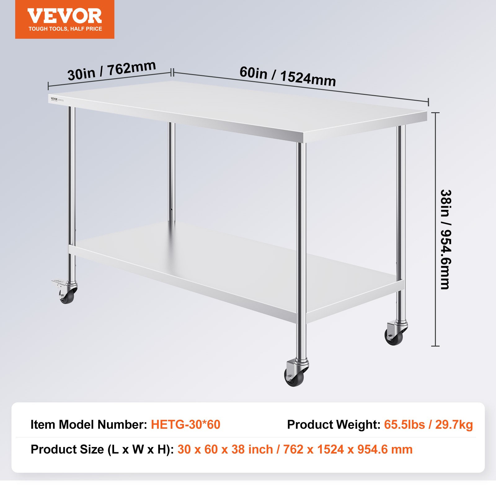 VEVOR Stainless Steel Work Table Commercial Prep Table 30x60 Inch With 4 Casters