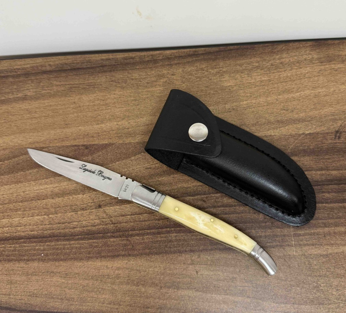 Vintage Laquiole Pocket Knife Blade Steel Antler Handle Leather Sheath Mens Rare