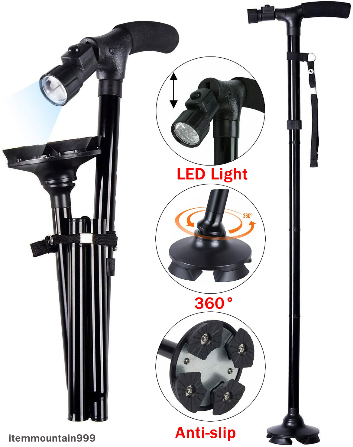 LED Folding Walking Cane for Seniors Men&Women with Non-Slip T Handle and Strap