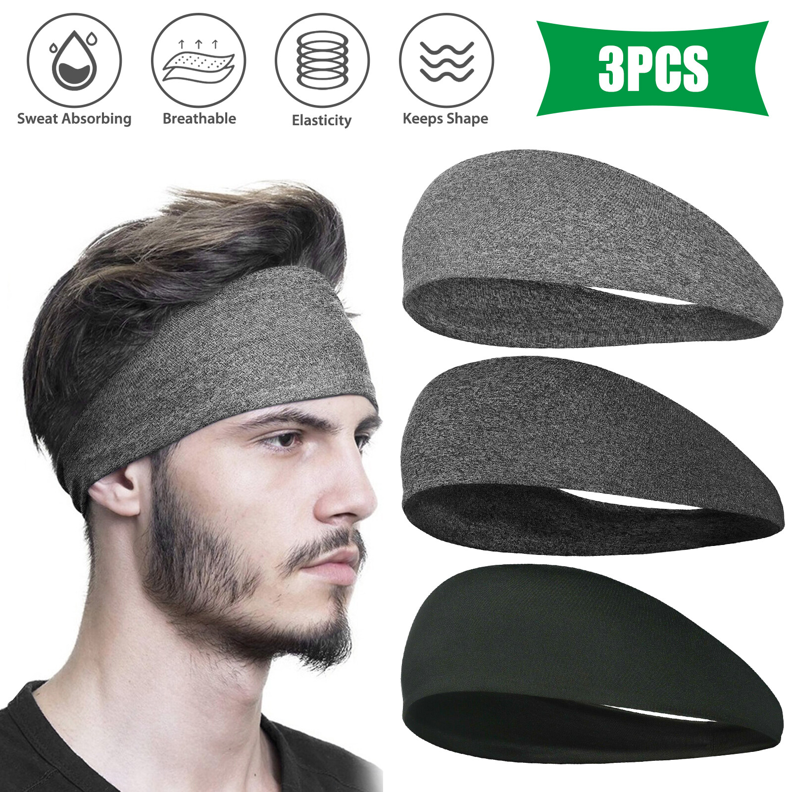 3PCS Men Women Sports Headband Anti-Sweat Band Running Yoga Stretch Head Bands