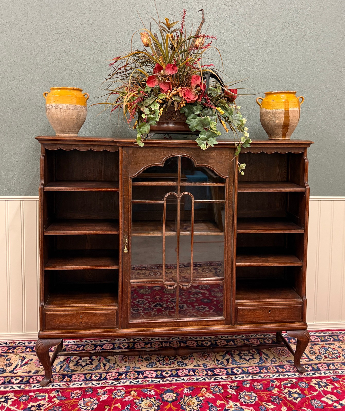 Antique English Bookcase Bookshelf Cabinet Glass Oak Queen Anne Legs 1920s-30s