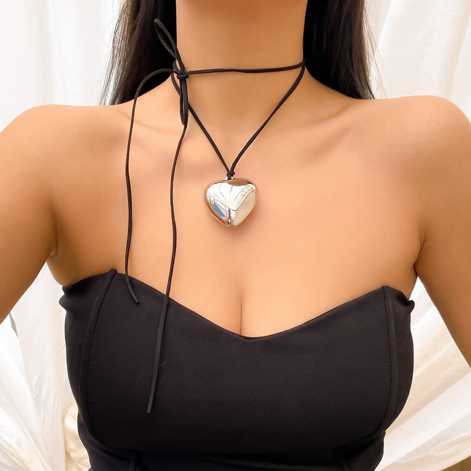 Chunky Puffy Heart Choker Necklace - Big Heart Pendant Adjustable Velvet Chai...
