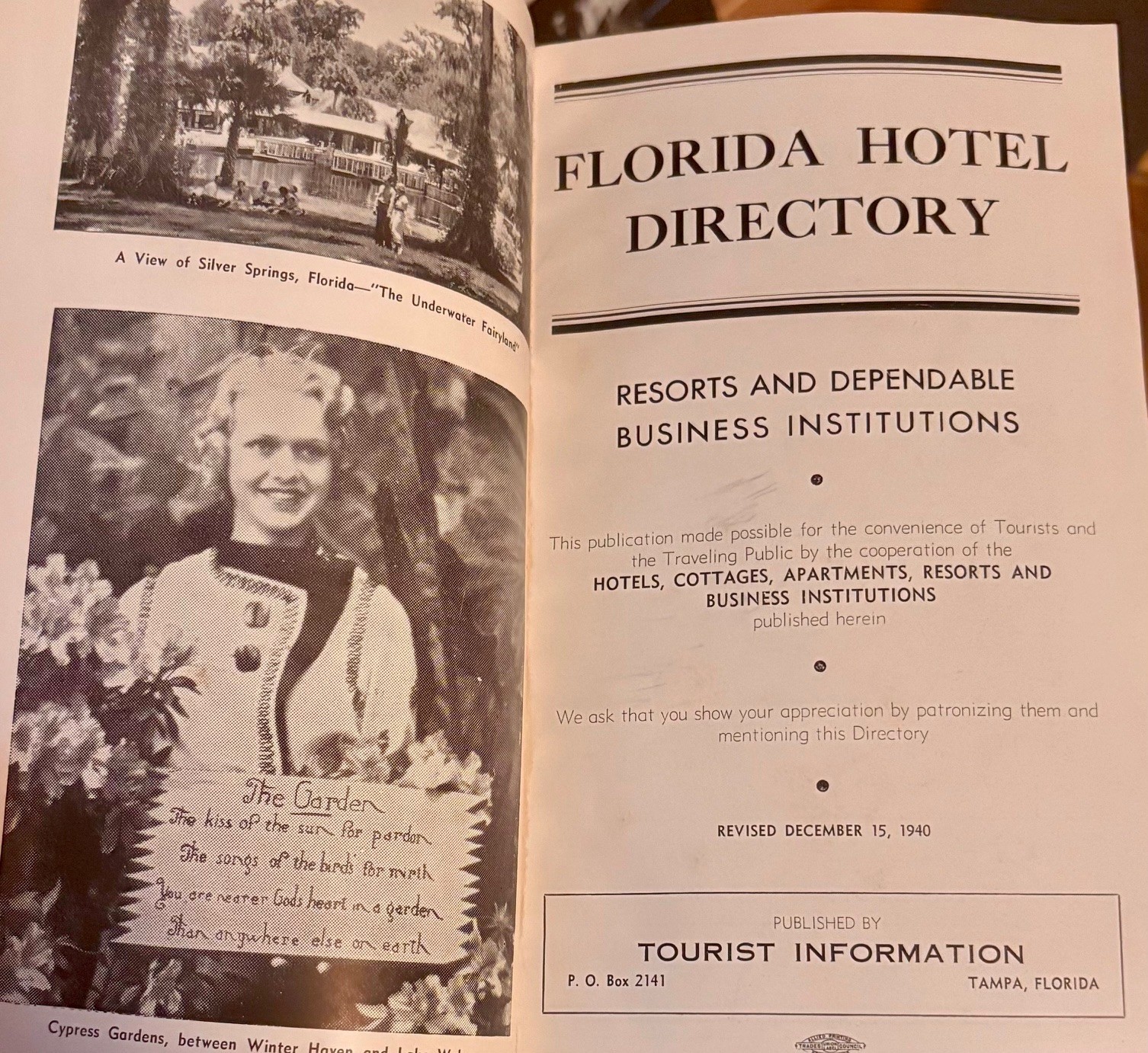 Vintage 1940 "Florida Hotel Directory" 80-page Booklet