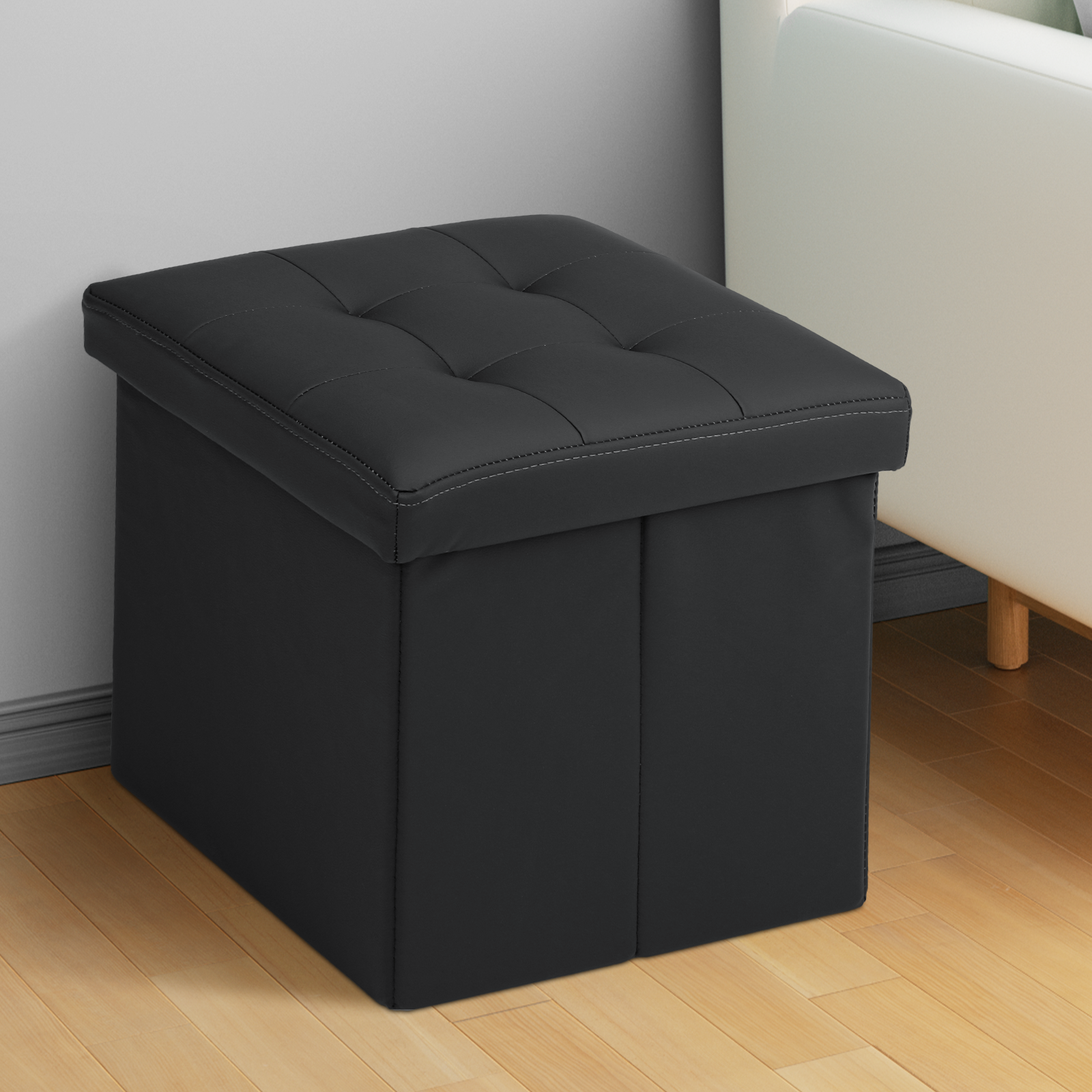Black Faux Leather Storage Ottoman Classic Cube Seat Home Entryway Décor Benches