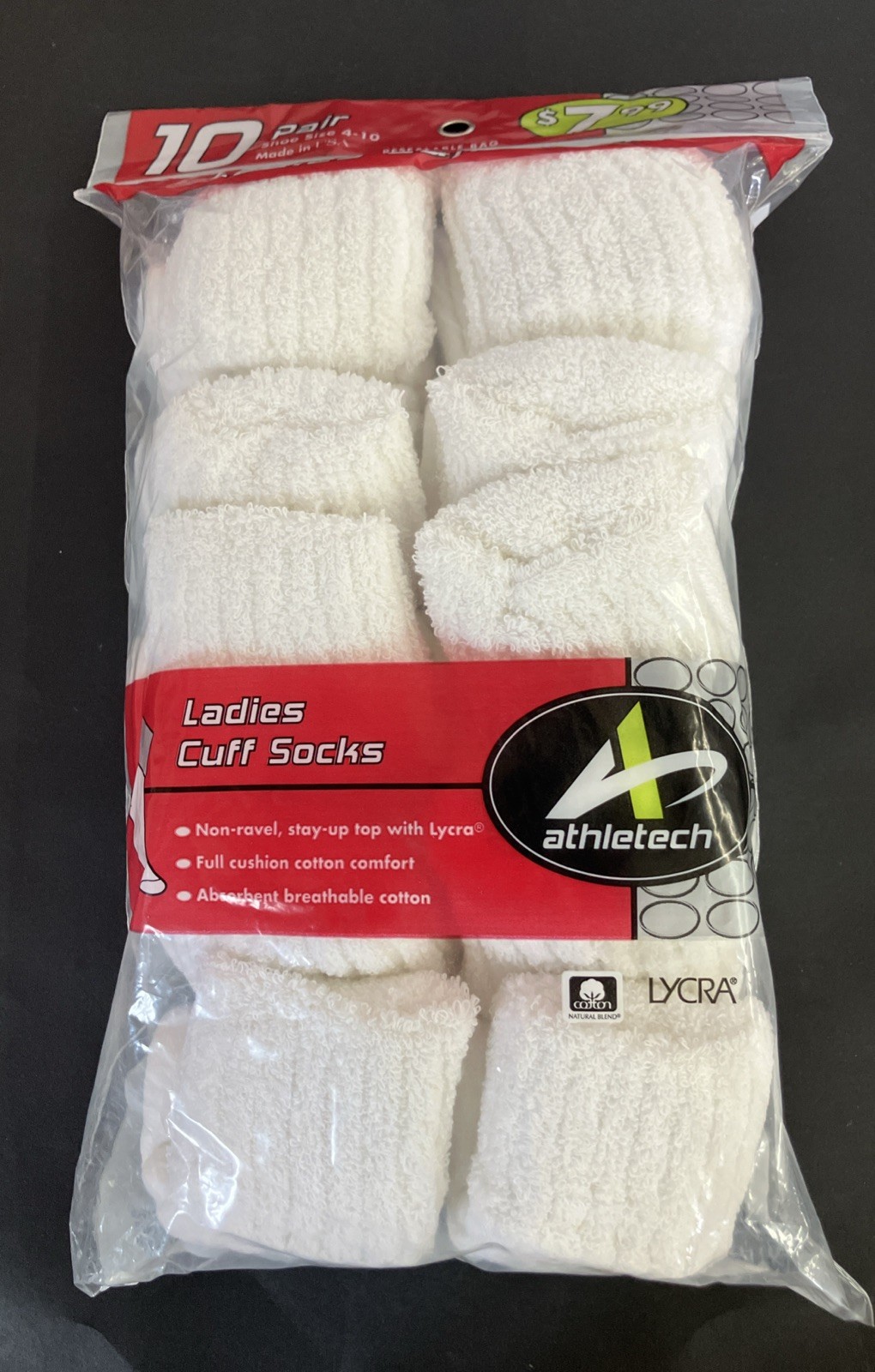 Vintage Athletech Ladies Cuff Socks Pack of 10 White Cushion Sock Size 9-11 USA