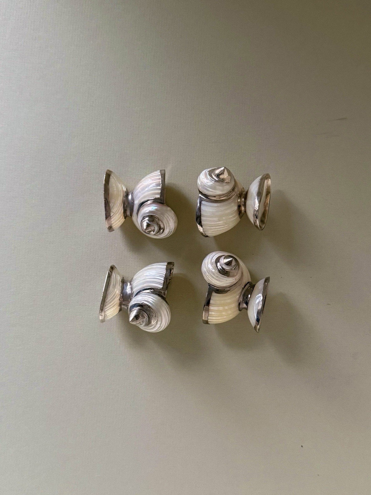 Set of 4 Antique Shell Open Salts with Mother of Pearl Spoons, Sterling Silver