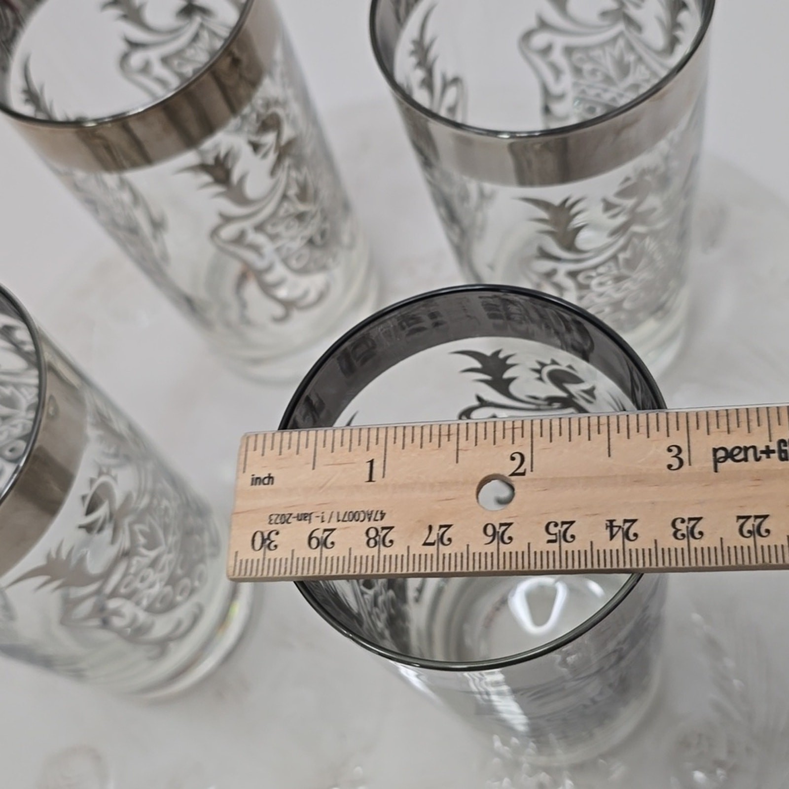 Vintage MCM Set Of 4 Kimiko Silver Knight Shield Highball Glasses Barware