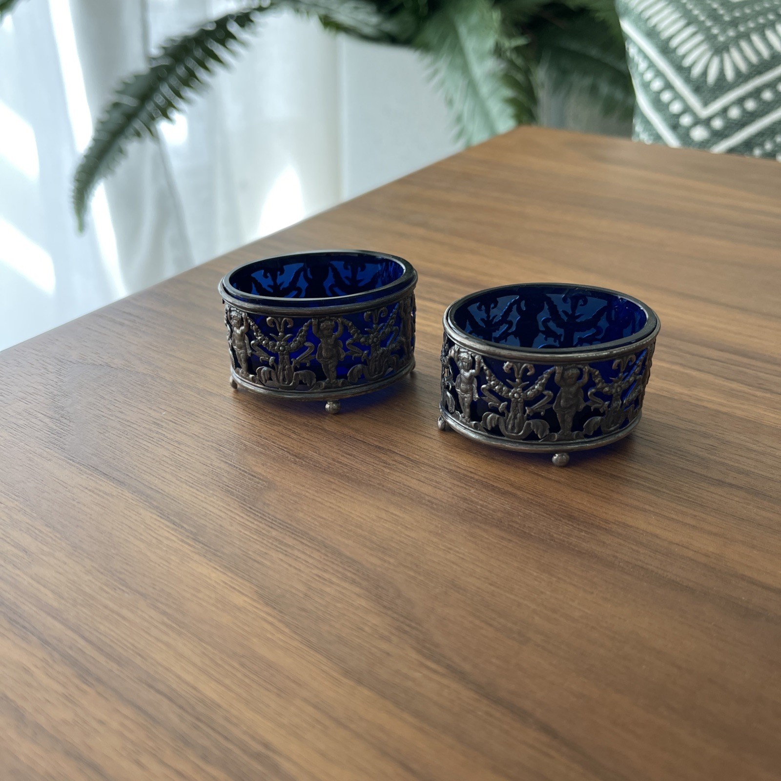 Cobalt & Silver Salt Cellars Or Dips Antique Set of 2