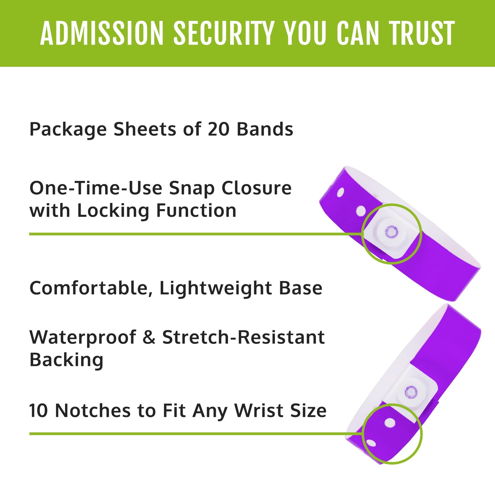 500 Premium Purple Plastic Secure Snap Wristbands - 500,