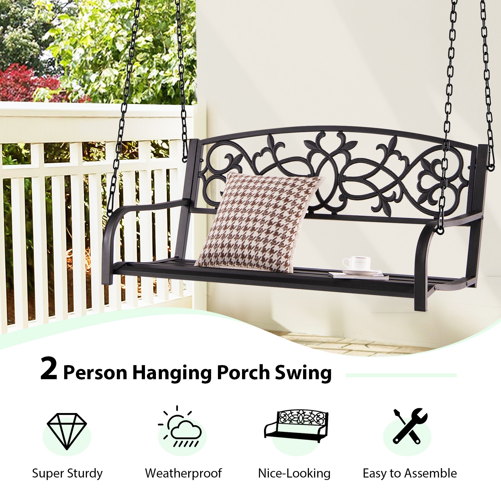 2-Person Metal Outdoor Porch Swing Hanging Patio Bench 485 Lbs Capacity Brown