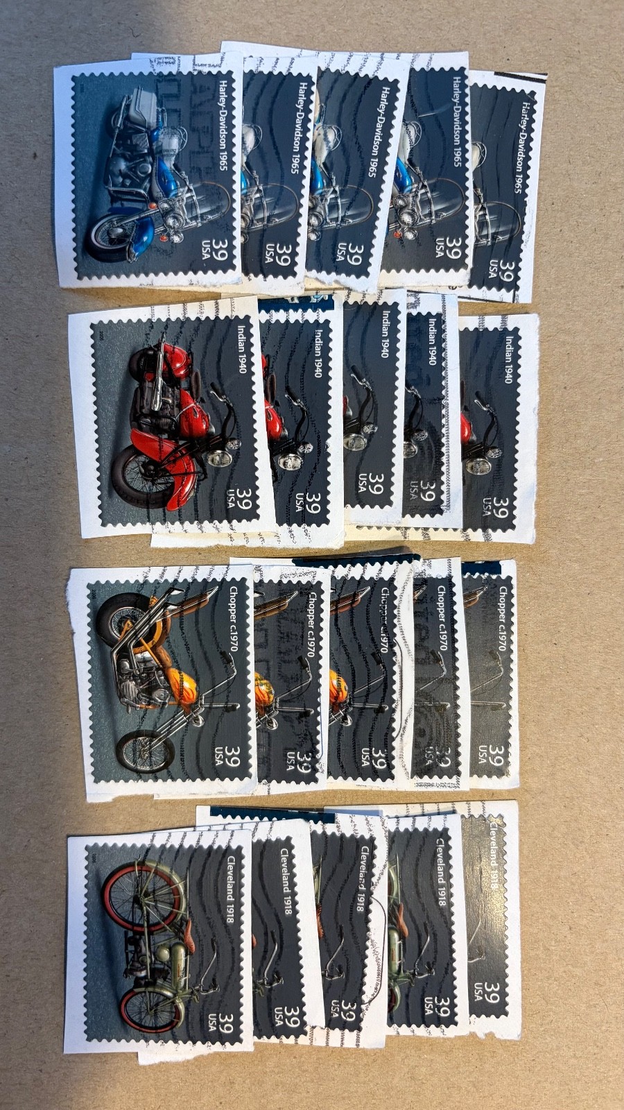 Lot of 20, 5 sets US MOTORCYCLES 2006 .39c #4085-88 US stamps on paper Used F/VF